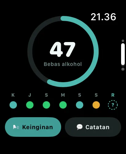 Layar utama AlcoLog dalam Mode Tanpa Alkohol di Apple Watch