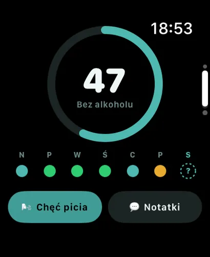 Ekran główny AlcoLog w Trybie trzeźwości na Apple Watch