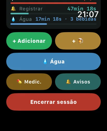 Ações rápidas do AlcoLog no Apple Watch