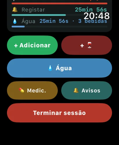 Ações rápidas do AlcoLog no Apple Watch