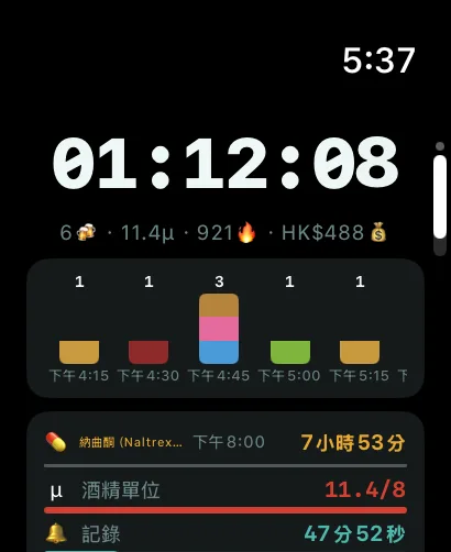 Apple Watch 上的 AlcoLog 主畫面