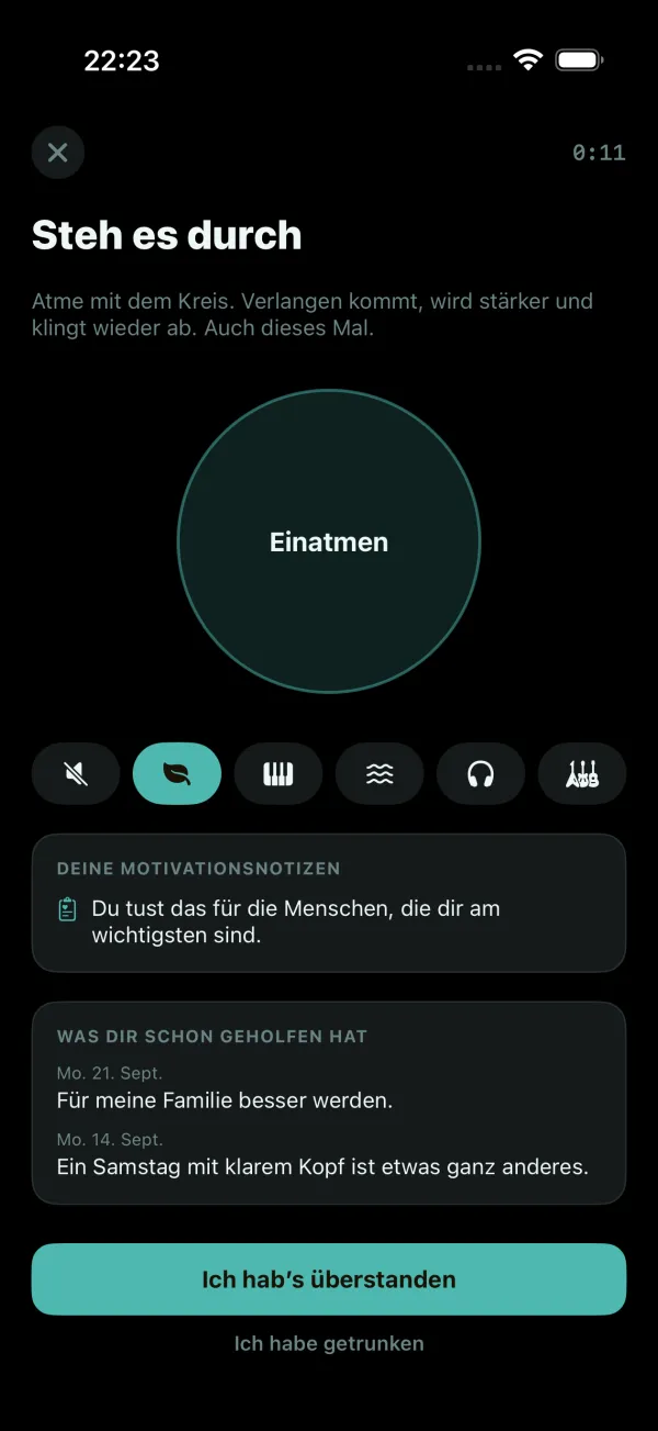 Der Bildschirm „Verlangen“: ein Atemkreis mit Musik oder Stille