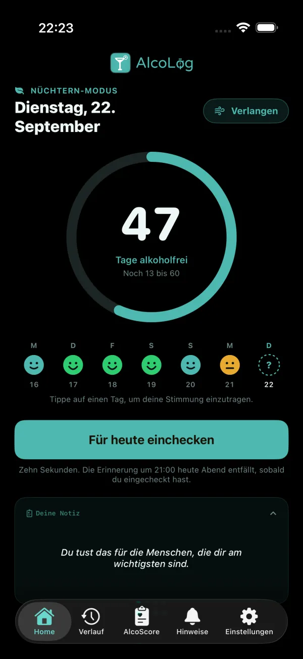Der Home-Bildschirm im Nüchtern-Modus: eine Tageszählung, die Check-ins der Woche und der Button „Verlangen“