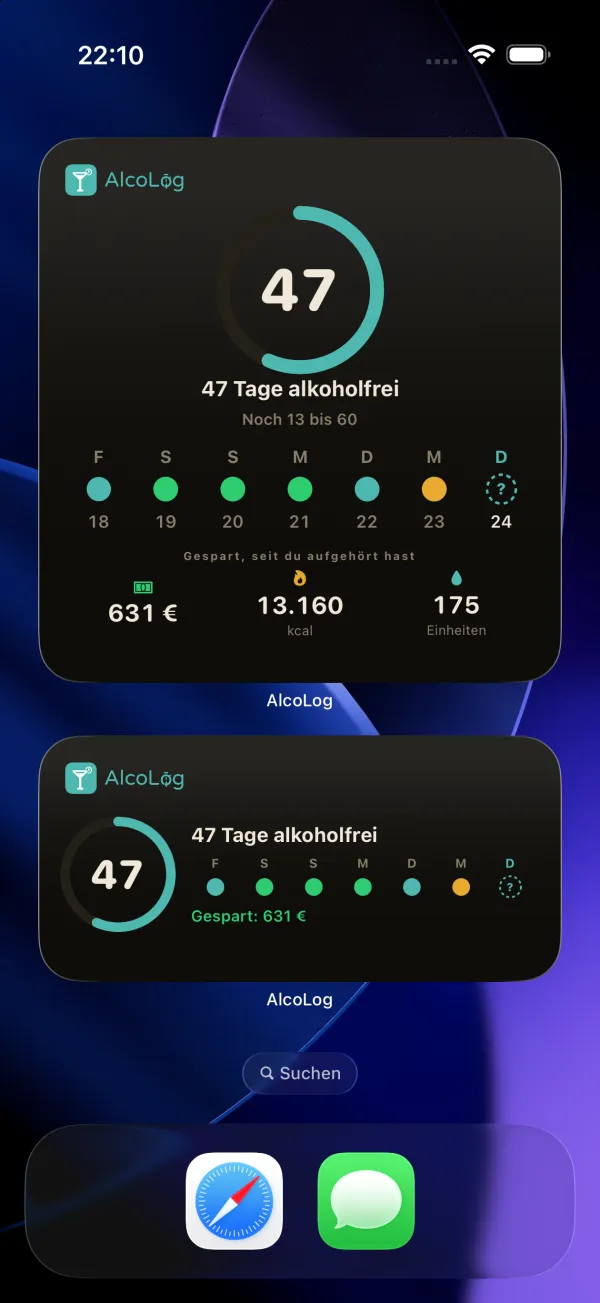 Die drei Nüchtern-Widgets auf dem Home-Bildschirm