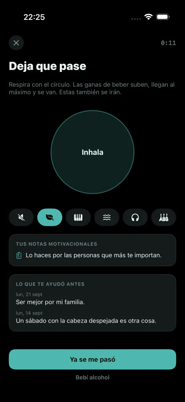 La pantalla Ganas de beber: un círculo de respiración con música o en silencio