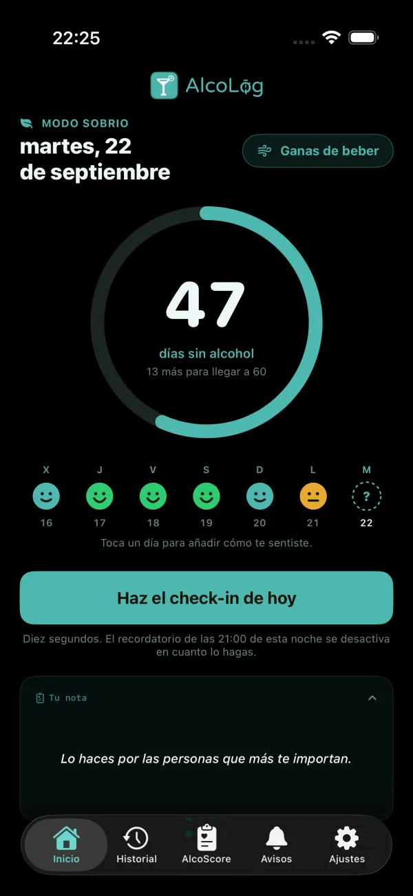 La pantalla de inicio del Modo sobrio: el recuento de días, los check-ins de la semana y el botón Ganas de beber