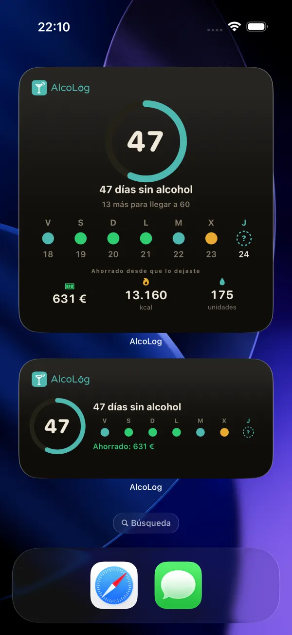 Los tres widgets del Modo sobrio en la pantalla de inicio