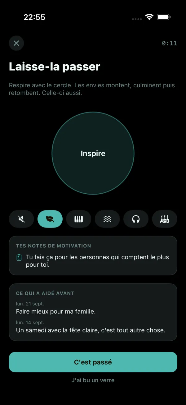 L'écran Envie de boire : un cercle de respiration avec de la musique ou le silence