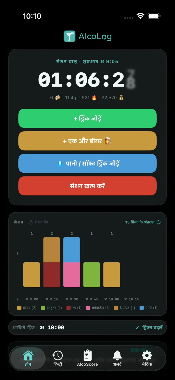 AlcoLog ट्रैकिंग मोड: यूनिट, कैलोरी और खर्च के साथ एक लाइव सेशन