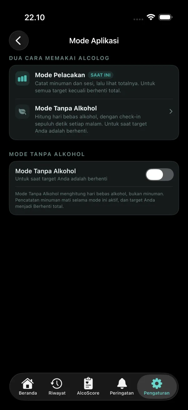 Pengaturan, Mode Aplikasi: Mode Pelacakan dan Mode Tanpa Alkohol