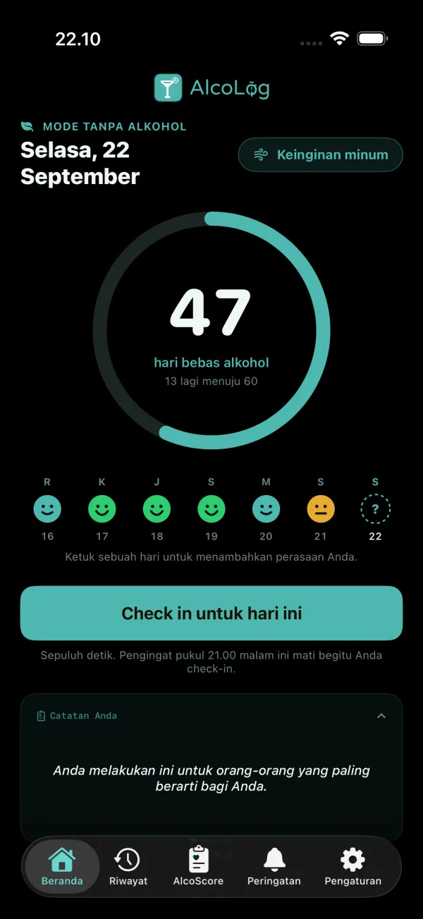 Layar Beranda dalam Mode Tanpa Alkohol: jumlah hari, check-in minggu ini, dan tombol Keinginan minum