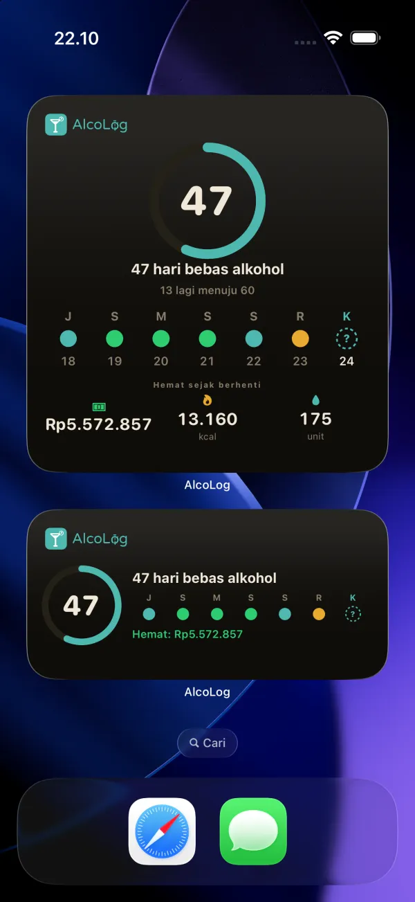 Tiga widget Mode Tanpa Alkohol di Layar Utama