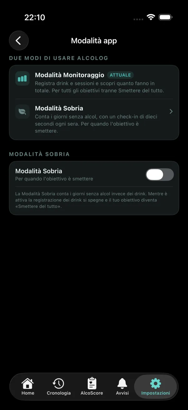 Impostazioni, Modalità app: Modalità Monitoraggio e Modalità Sobria