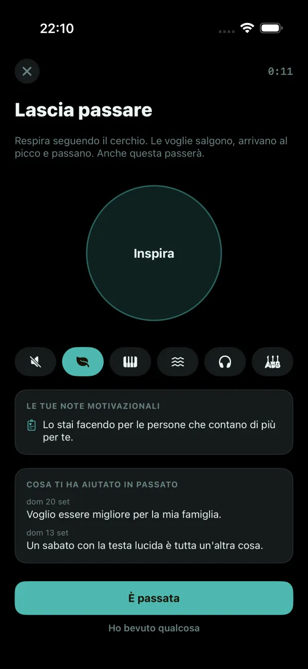 La schermata Voglia: un cerchio di respirazione con musica o silenzio