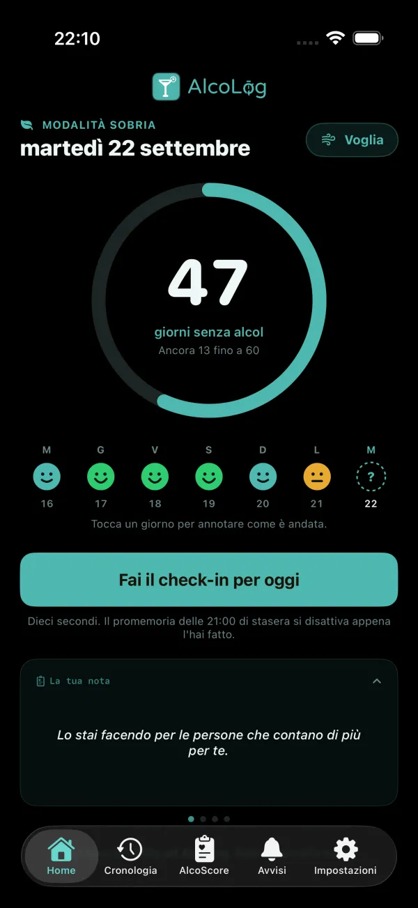 La schermata Home della Modalità Sobria: il conteggio dei giorni, i check-in della settimana e il pulsante Voglia