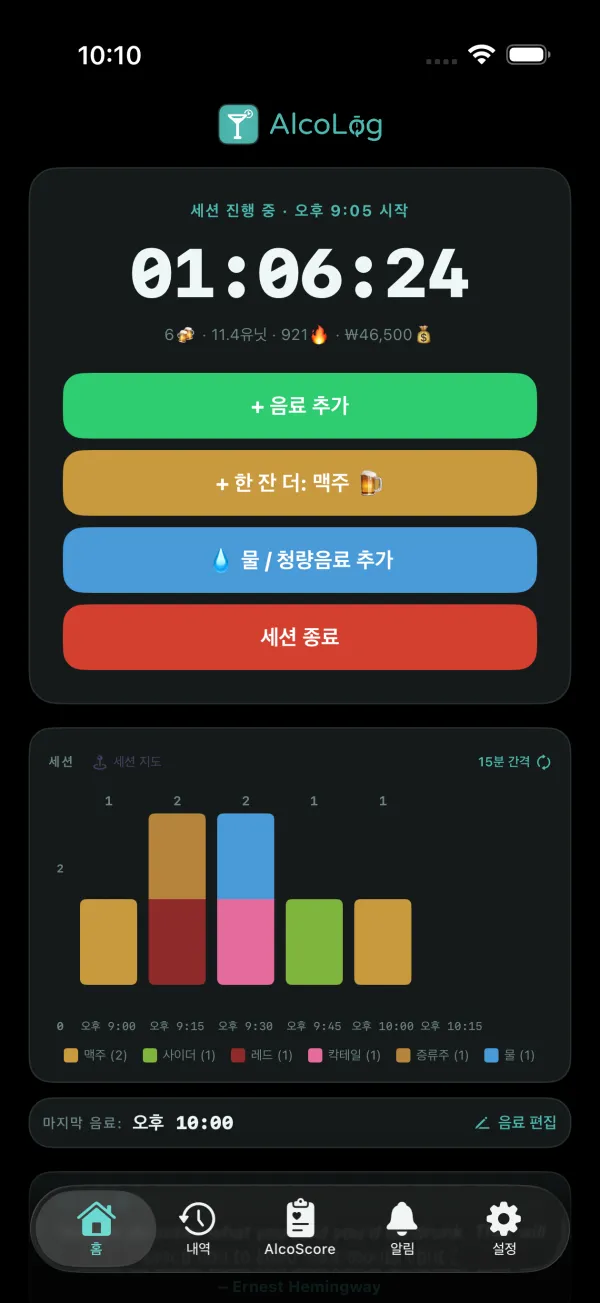 AlcoLog 트래킹 모드: 유닛, 칼로리, 비용이 표시된 진행 중인 세션