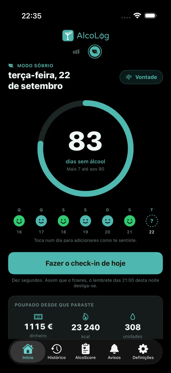 Dinheiro, calorias e unidades poupados desde que paraste
