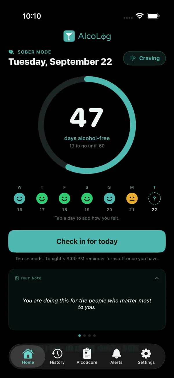 AlcoLog सोबर मोड: पिछले सात दिनों के साथ 47 दिन शराब-मुक्त