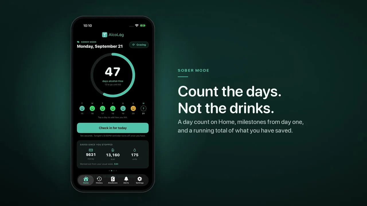 iPhone पर AlcoLog सोबर मोड: दिन गिनें। ड्रिंक नहीं।