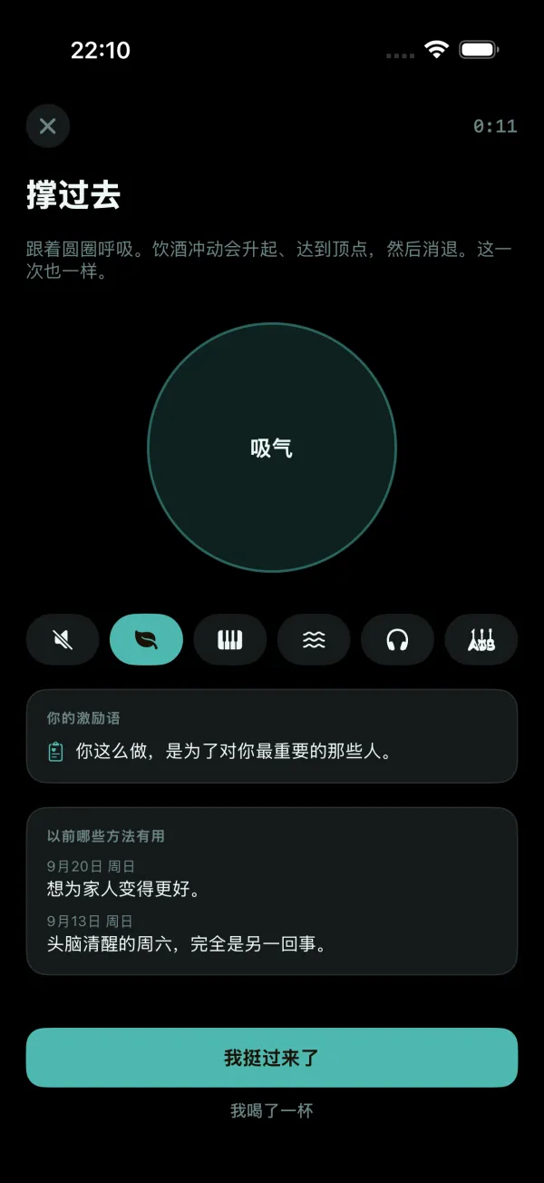 “饮酒冲动”页面：一个呼吸圆圈，可配音乐或保持安静