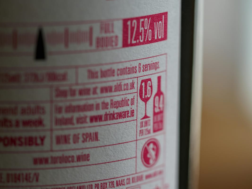 A close-up of a bottle label showing ABV.
