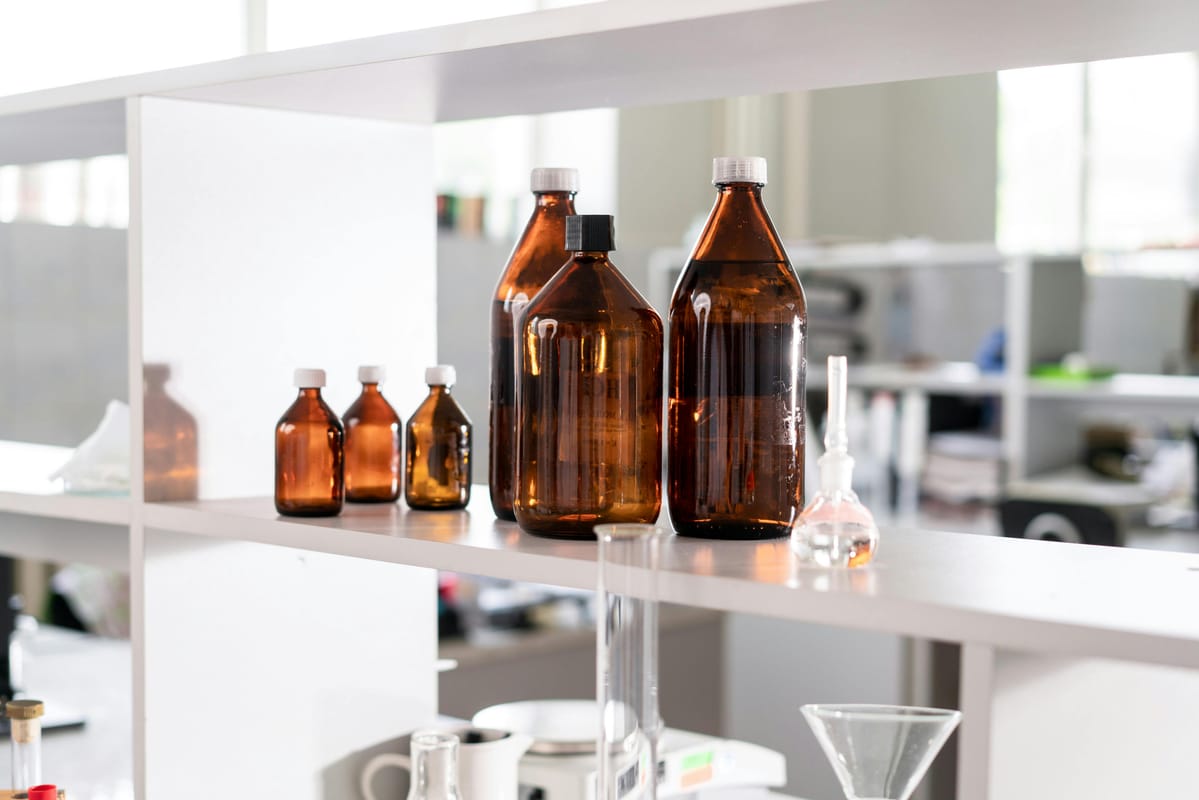 Modern pharmacy shelves stocked with medication bottles.