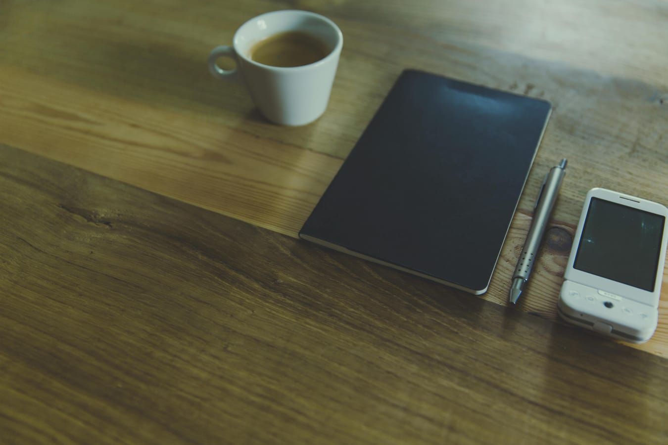 A notebook on a wooden table with four labeled sections, beside a cup of coffee in soft morning light.